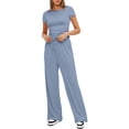 thumbnail image 5 of Two Piece Sets for Women Summer Casual Outfit Sets Solid Color Button Down Round Neck Short Sleeve Tops and Drawstring Wide Leg Pants with Pocket Sets Relaxed Vacation Wear, 5 of 8