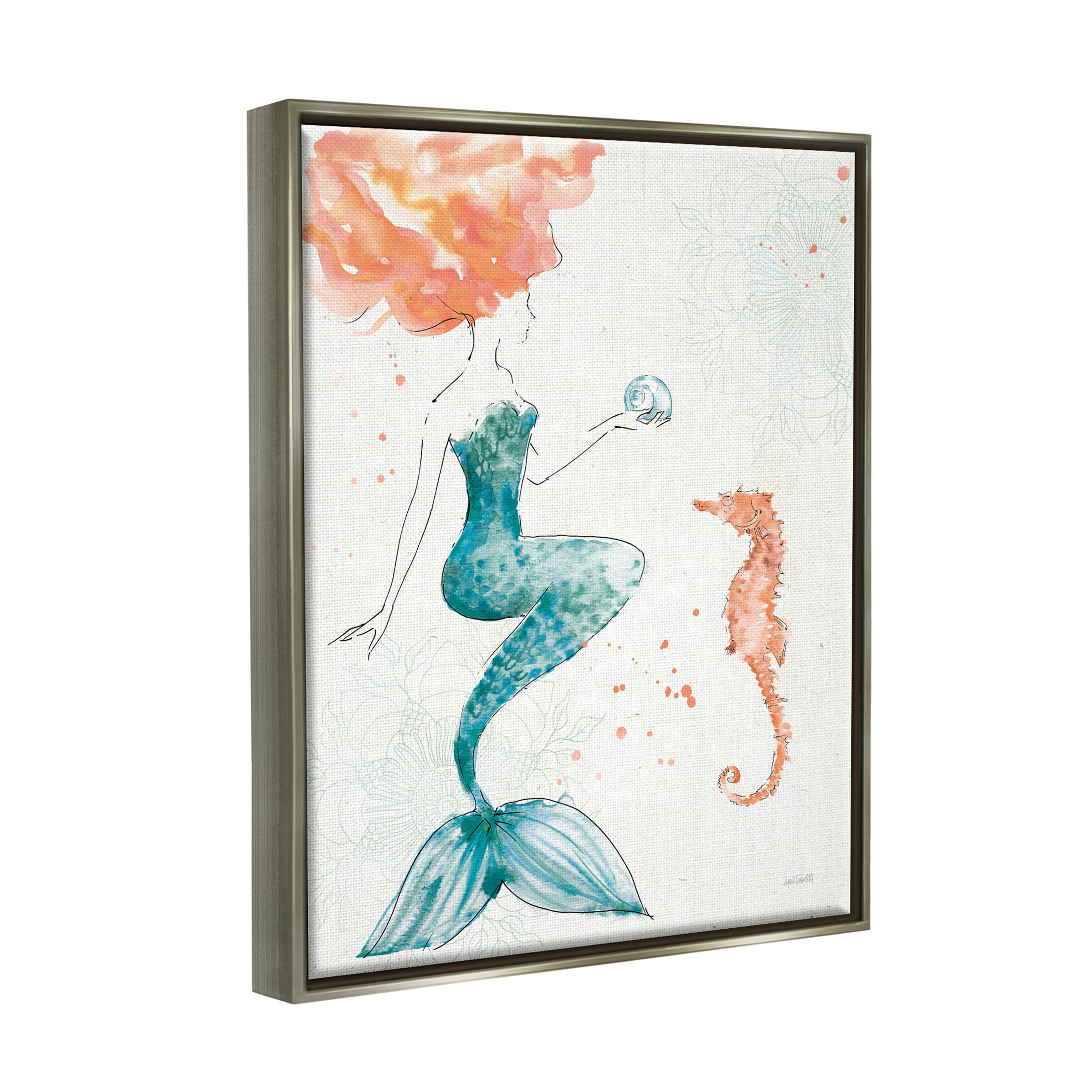 Stupell Industries Mermaid and Ocean Seahorse Graphic Art Luster Gray Floating Framed Canvas Print Wall Art, Design by Anne Tavoletti