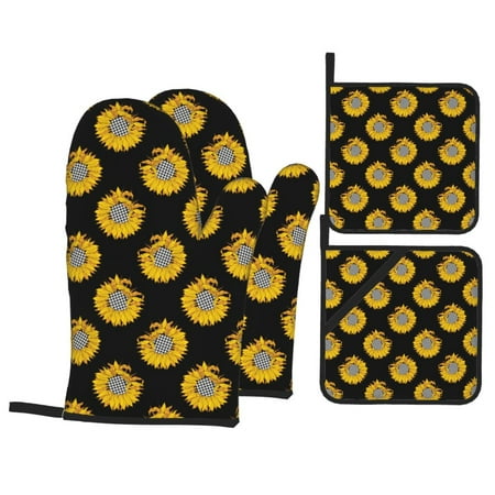 

Oven Mitts and Pot Holders Sets 4 pcs Buffalo plaid sunflowers black Non-Slip Oven Gloves Potholders Soft Quilted Lining Heat Resistant Gloves Hot Pads for Kitchen Cooking Baking