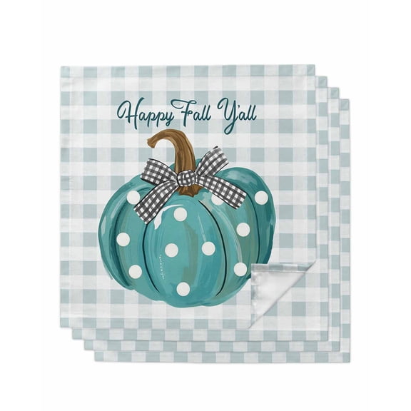 Fall Pumpkins Cloth Napkins Set of 4 Reusable Dinner Napkins, Thanksgiving Autumn Blue Checkered Plaid Cocktail Napkin Washable Table Napkins for Wedding/Holiday Party/Baby Shower 20"x20"