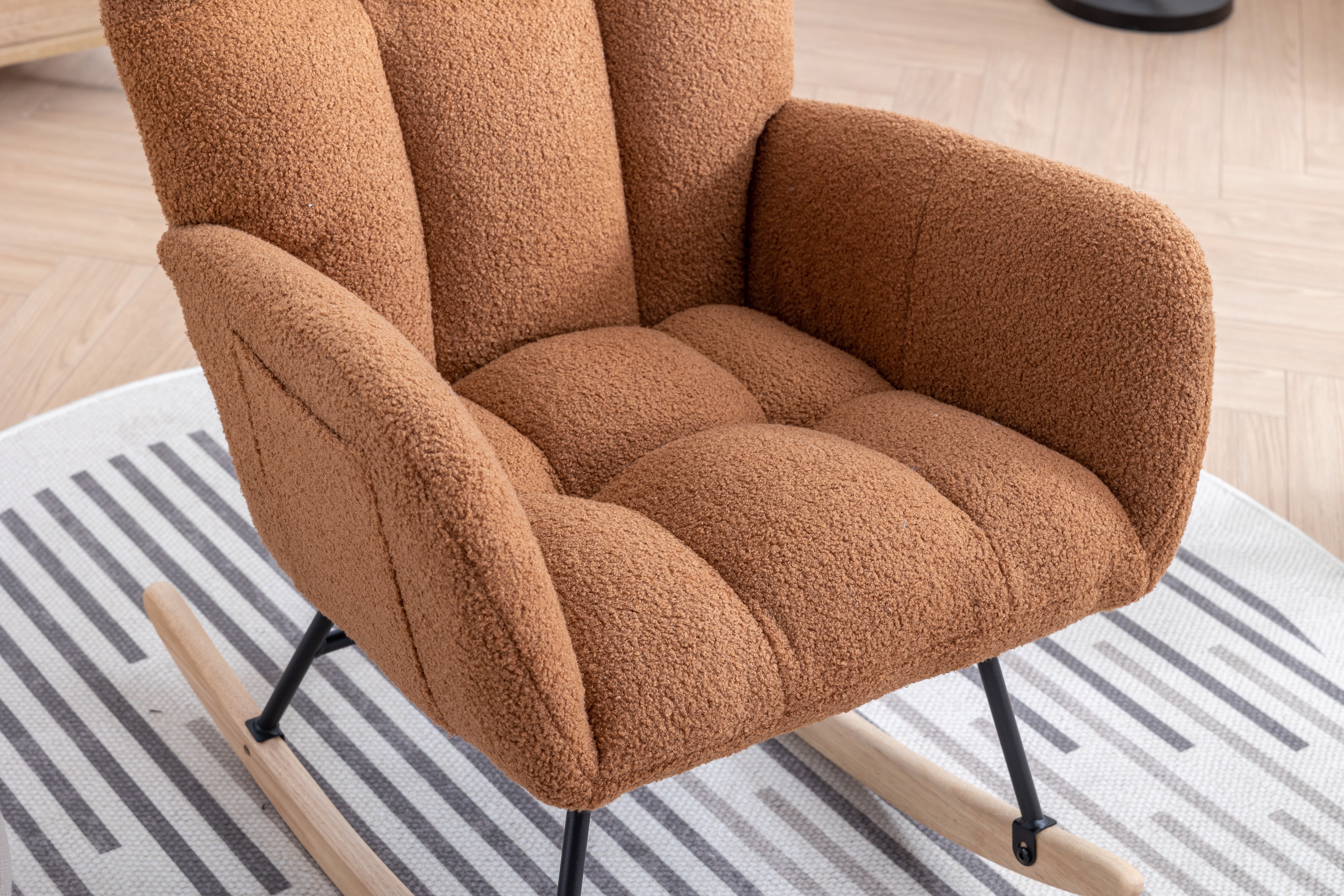 Rocking Chair Nursery,Teddy Upholstered Glider Rocker with High Backrest,Modern Rocking Accent Chairs Glider Recliner for Living Room, Nursery, Bedroom,Brown