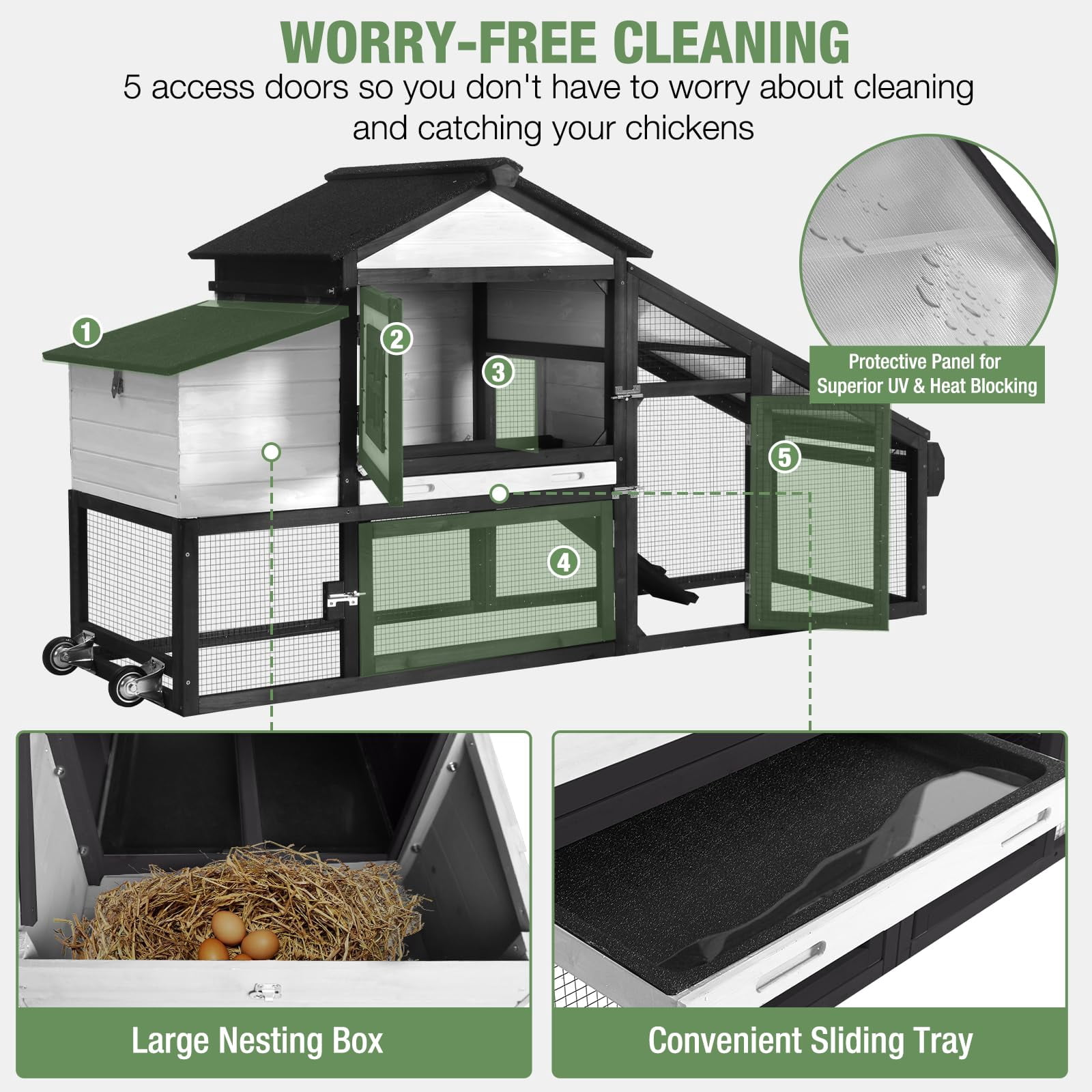 Aivituvin Mobile Chicken Coop with Wheels, Large Wooden Poultry Cage Chicken House with Nesting Box, Leakproof Pull-Out Tray, Weatherproof Roof for 3-5 Chickens, Black