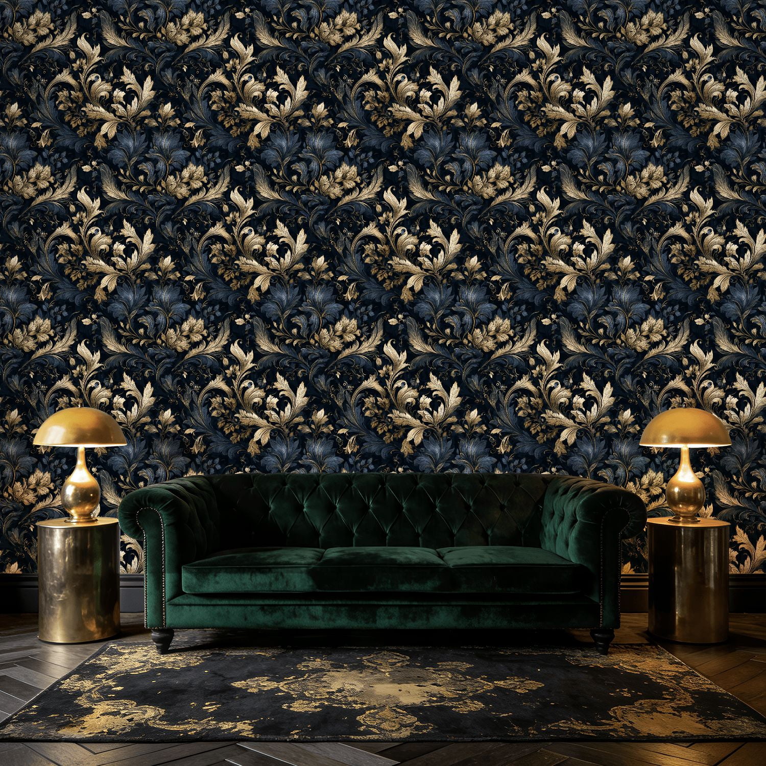 Baroque Peel and Stick Wallpaper Elegant Baroque Floral Damask Design Deep Navy Gold Wall Mural 17.7in x 9.8ft Self Adhesive Removable Wall Paper Renter Friendly Wallpaper for Bedroom Livingroom Men