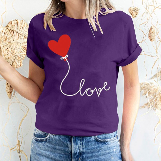 Meichang Hauts pour Femmes T-Shirts de la Saint-Valentin T-Shirts de Fête à Col Rond T-Shirts à Imprimé Cœur d'Amour T-Shirts à Manches Courtes Jolis Tees Blouses en Liquidation