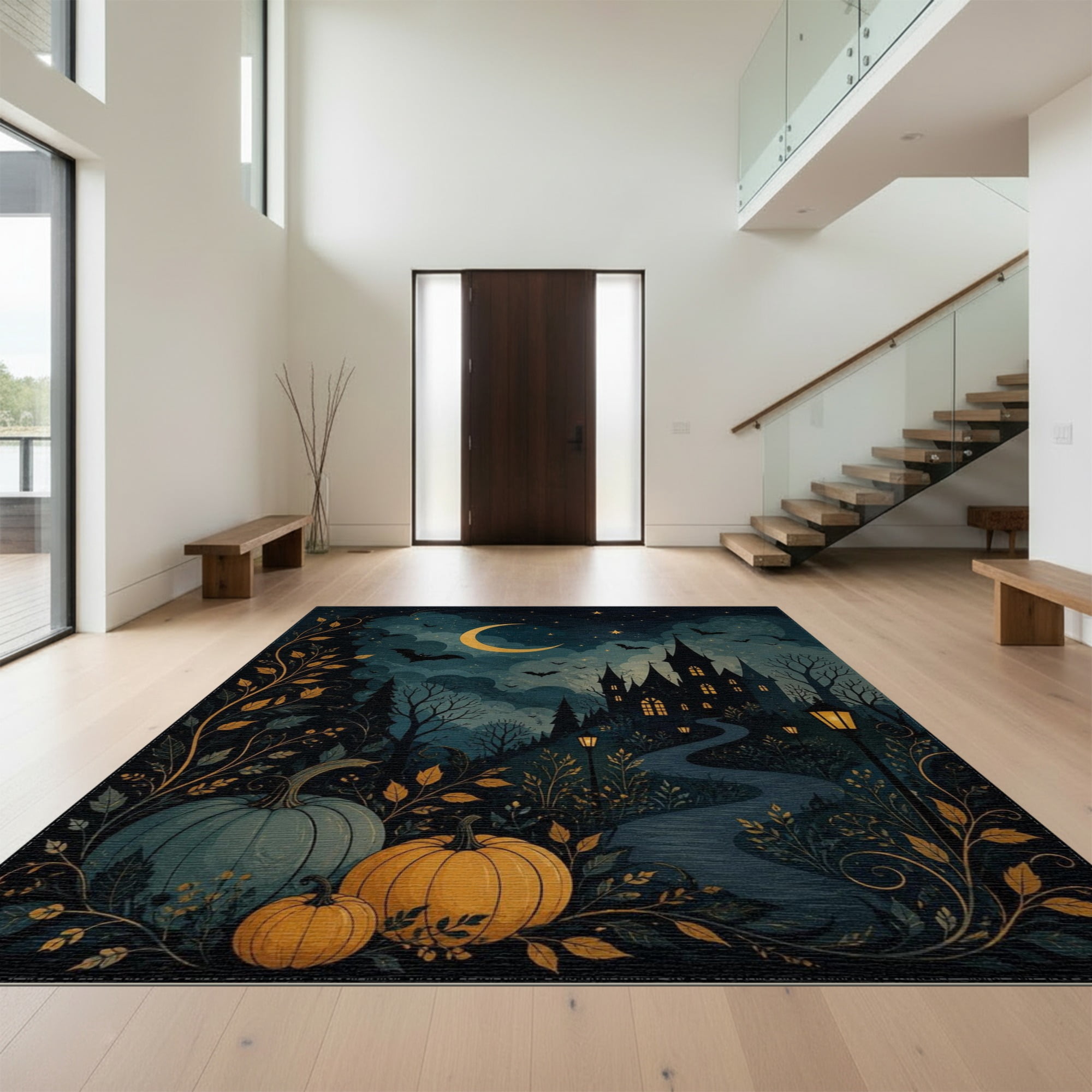Design&I 2 x3 Washable Throw Rug Dark Blue Gold Enchanted Nighttime Scenery Design Elegant Gothic Castle and Autumn for Hallway Laundry Room Low Profile Daily Traffic Ready Accent