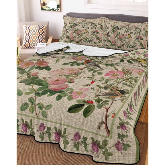 Beige Spring Floral King Size Down Alternative Comforter,Lightweight Comforter Quilt Bedding Set with Pillow Shams Elegant Pastoral Flowers Birds Watercolor Bed Comforter Duvet Insert 96"x106"