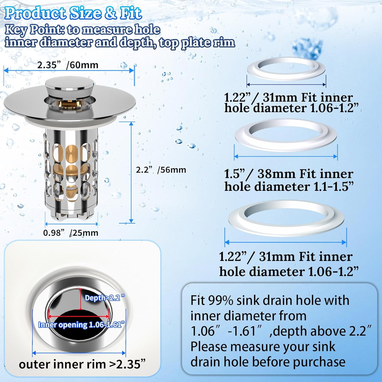 2pcs Silver Pop up Bathroom Sink Drain Strainer,Universal Sink Stopper Bathroom Drain with Filter Basket,Bathroom Sink Stopper Hair Catcher for 1.06"~1.61" Drain Hole