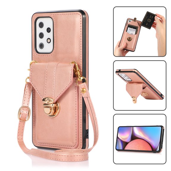 Crossbody Wallet Women Case for Samsung A32 4G,[RFID Blocking] Credit Card Holder with Should Strap,Premium PU Leather Purse Metal Buckle Folio Flip Cover for Samsung Galaxy A32 4G, Rosegold