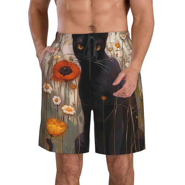 Fotbe Black Cat in Wildflowers Trajes de Baño Estampados para Hombre, Shorts de Verano de Secado Rápido, Ropa de Playa, Bañadores-3X-Large