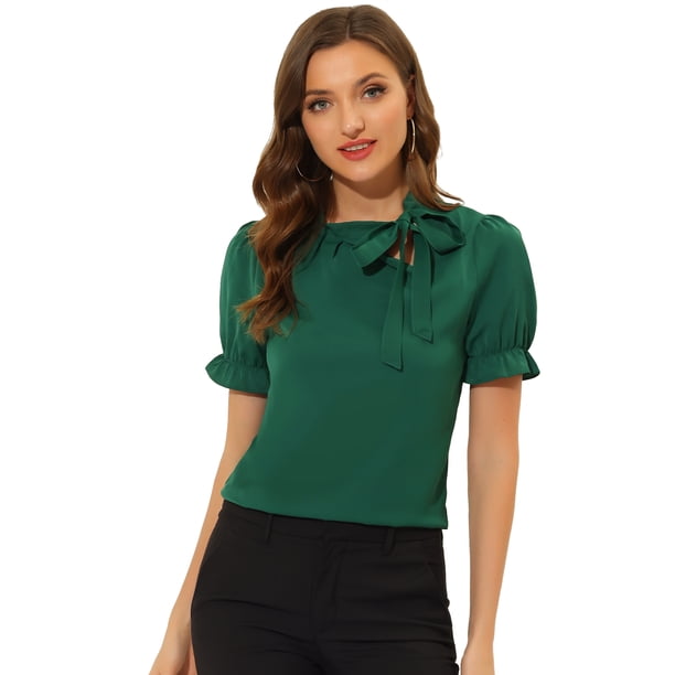 Top Elegante De BluDe ManCorDe OficiDe Las Camisas Del Cuello De PajariDe Las Mujeres Verde Oscuro XL