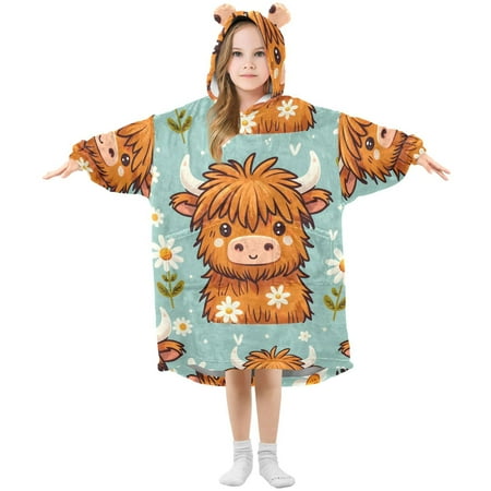 

joogoo Wearable Blanket Hoodie for Kids Cute Cow with Daisy Flannel Oversized Sweatshirt 3-14 Years S