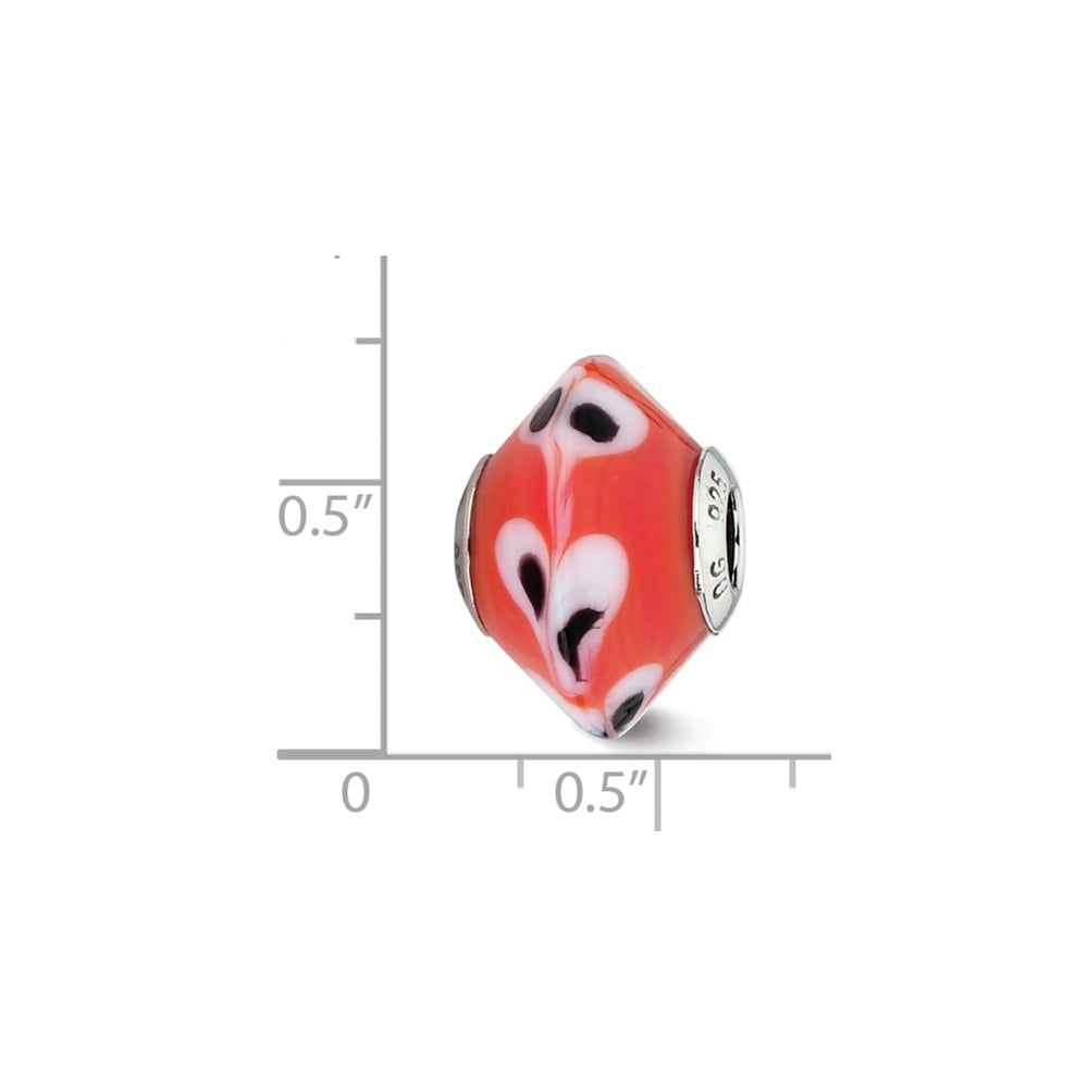 Fancy Bead White Sterling Silver Glass 14.55 mm 11.82 Reflections Red With Dots Italian Murano Bead