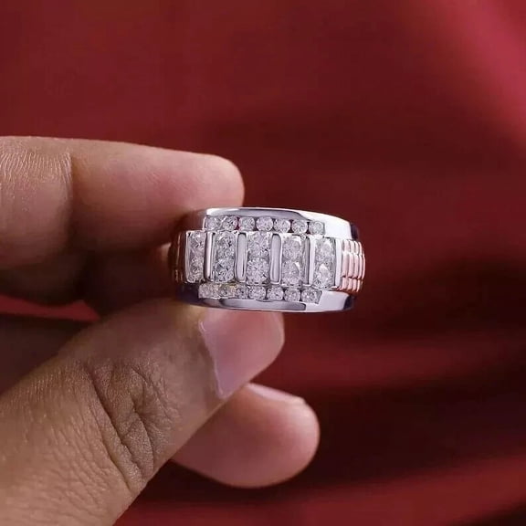 Men's Pinky Wedding Ring 2.00Ct Round Cut Simulated Diamond Unique Engagement Pinky Ring 925 Sterling Silver 14K White Gold Plated