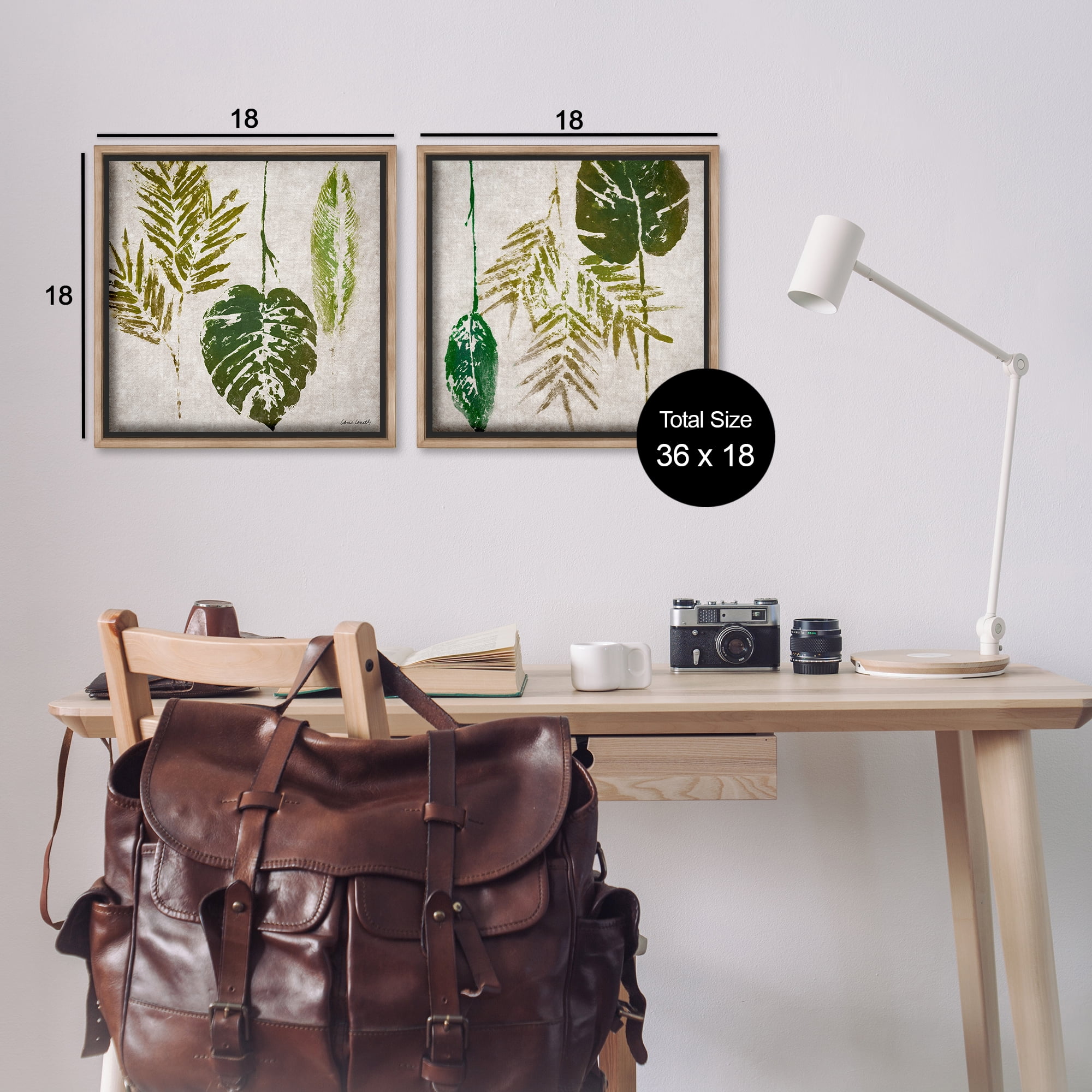 Stupell Industries Monstera Stamped Palm Leaves Plants & Flowers Painting Brown Floater Framed Canvas Art Print Wall Art, 18 x 18, Set of 2