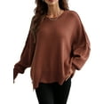 thumbnail image 3 of Women Autumn Loose Knitwear, Solid Color Long Sleeve Round Neck Slit Hem Elegant Sweater, 3 of 10