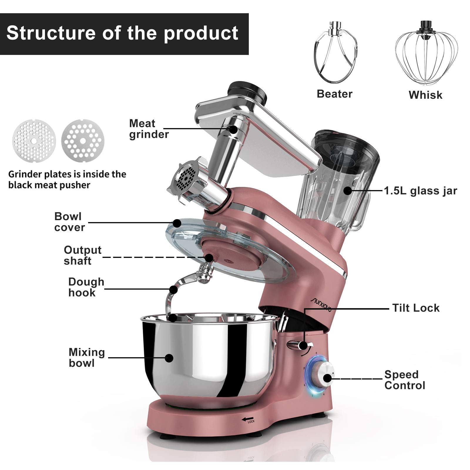 Nurxiovo Pro 3 in 1 Stand Mixer, 850W Kitchen Food Mixer with 6 Speed and  Pulse, Home mixer stand up with 6.5 QT Stainless Steel Bowl,Dough Hook,  Whisk, Beater, Meat Blender and