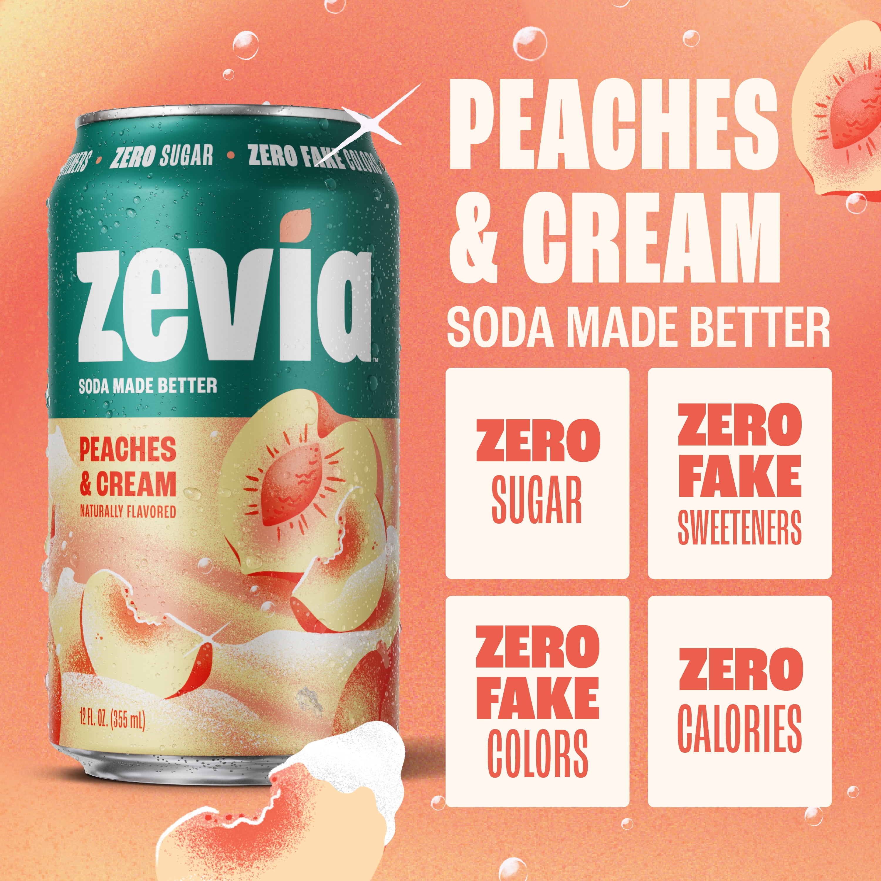 (3 pack) Zevia Zero Sugar, 0 Calorie Peaches and Cream Soda Pop, 12 fl oz, 8 Pack