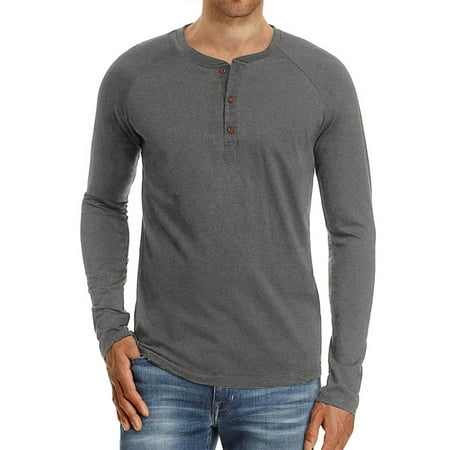 Men Long Sleeve T Shirts Tops Casual Henley V Neck Tee Slim Fit Button ...