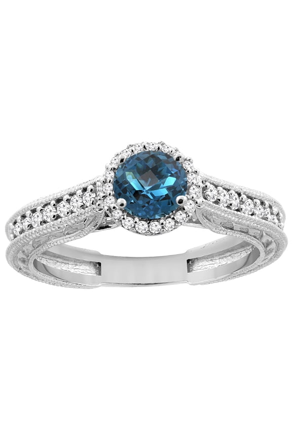 14K White Gold Natural London Blue Topaz Round 5mm Engraved Engagement Ring Diamond Accents, size 6.5