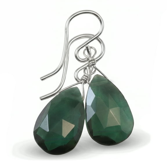 Sterling Silver Green Simulated Tourmaline Earrings Faceted Teardrop Dangles
