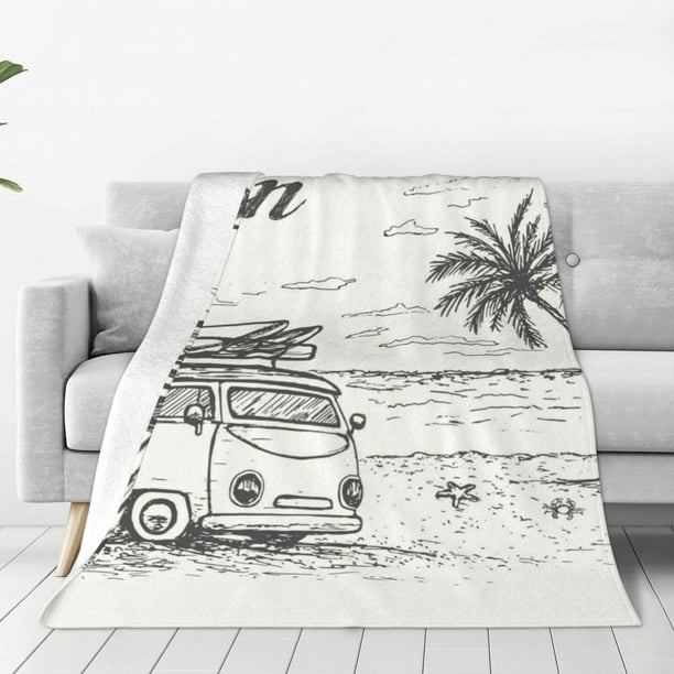 Balery Summer Vacation Scene With Camping Van Manta de Felpa Suave y Acogedora – Cobija de Franela Aterciopelada para Cama, Lavable y Cálida para Sofá, Mascotas, Transpirable-60"x50"