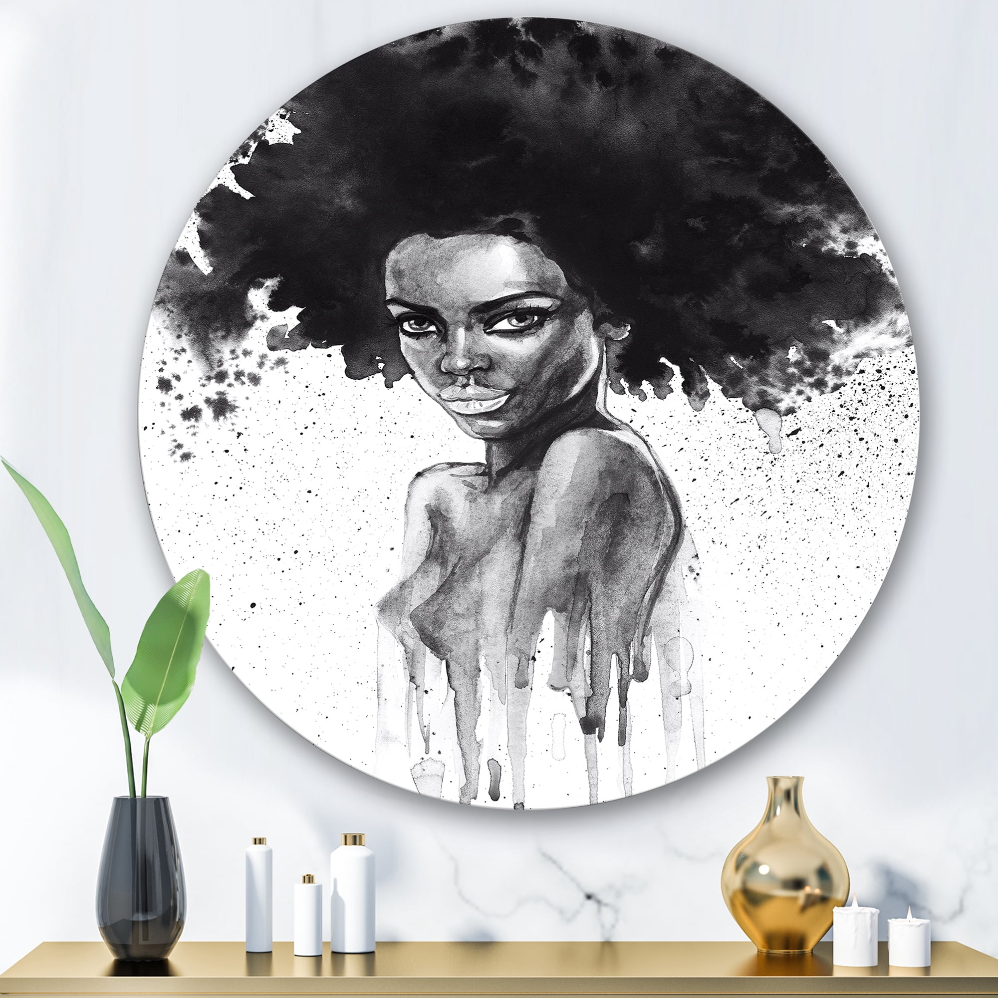 Designart 'Black and White Portrait of African American Woman III' Modern Circle Metal Wall Art 36x36 - Disc of 36