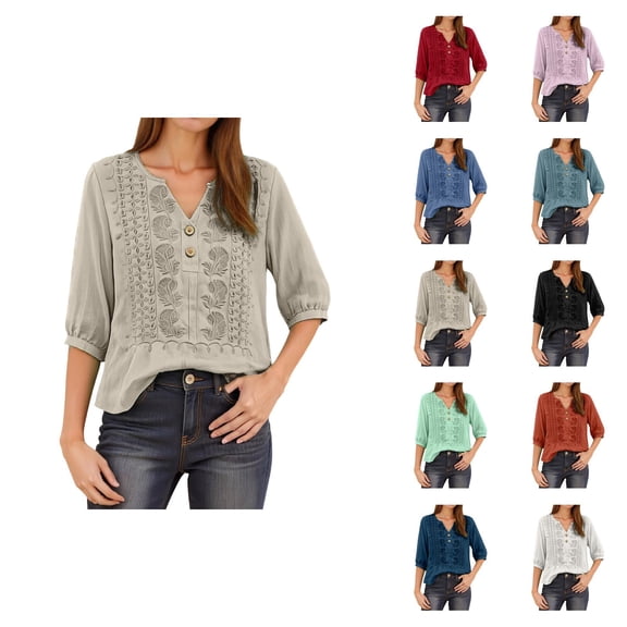 3/4 Length Sleeve Womens Tops Spring Summer Casual Cotton Linen Lightweight V Neck Embroidered T Shirts Blouse