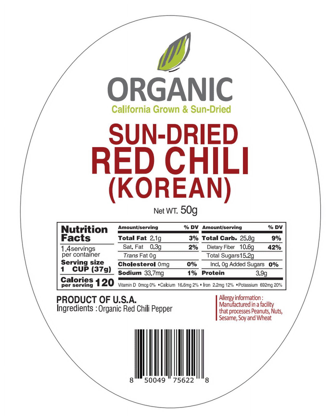 McCabe Organic Sun-Dried Red Chili Pepper - Dried Korean Variety Chili Peppers | Rich with Vitamin D & Minerals | USDA and CCOF Certified | Product of USA | 50g (Korean Variety)