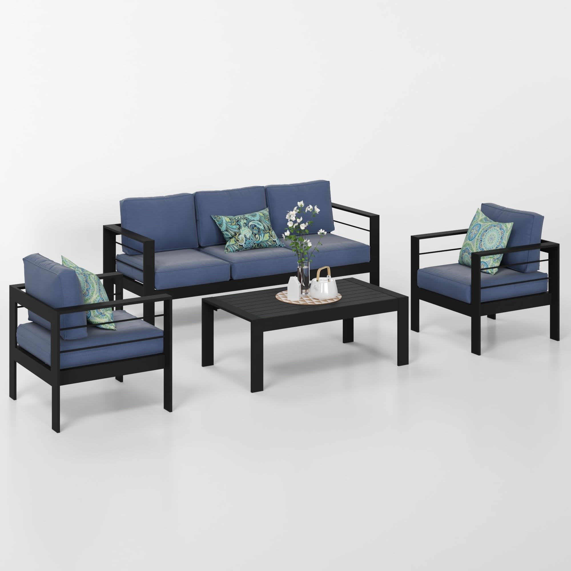 Cozy Home 5-Piece Aluminum Ergonomic Outdoor Conversation Sets with Table and Cushions, Black/Blue