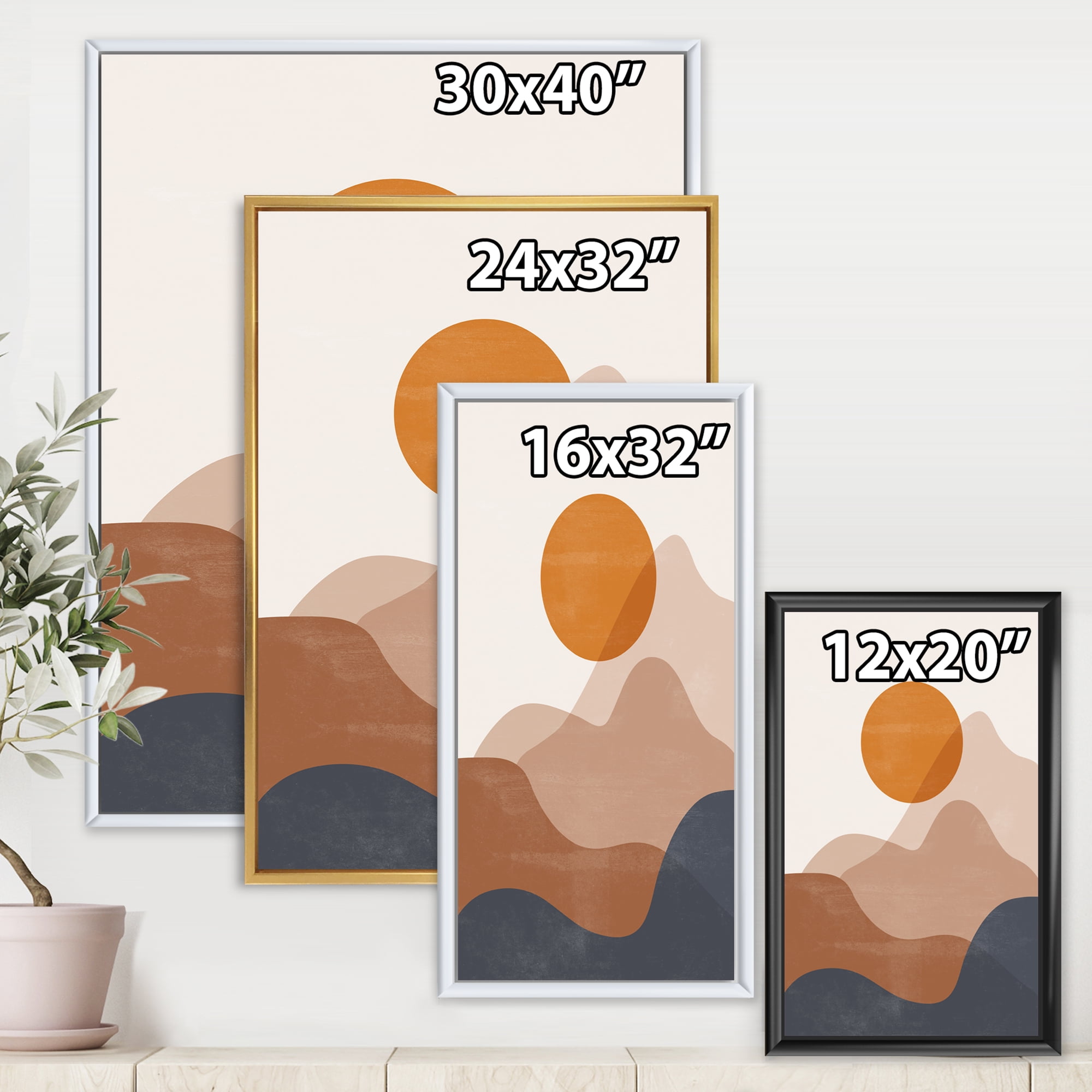 Abstract Earth Toned Mountains With Red Moon II 12 in x 20 in Framed Painting Canvas Art Print, by Designart