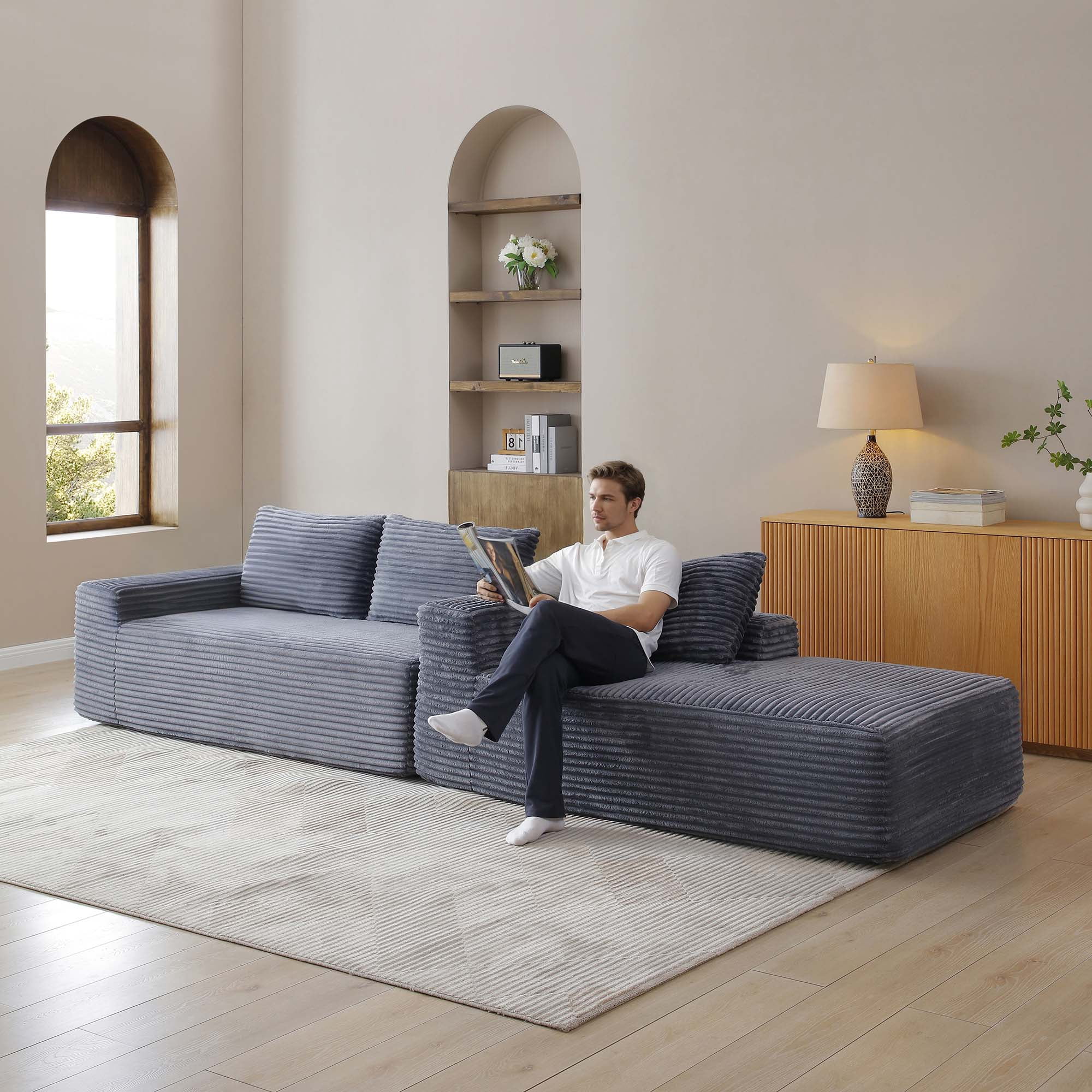 Miniyam Contemporary 97" Sectional Sofa, Deep Seat L-Shape + Chaise, Corduroy & No Assembly (Right Facing Chaise, Grey)