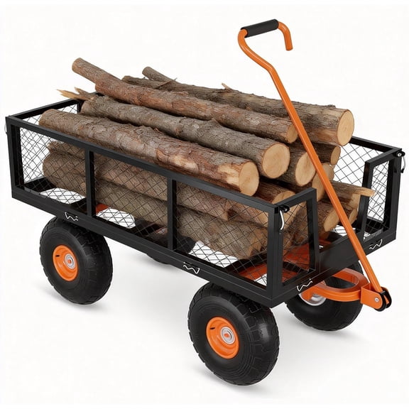 Steel Garden Cart, Heavy Duty 900lbs Capacity Mesh Steel Garden Cart, Utility Outdoor Wagon with Removable Sides and 10 in Tires for Yard, Lawn & Garden