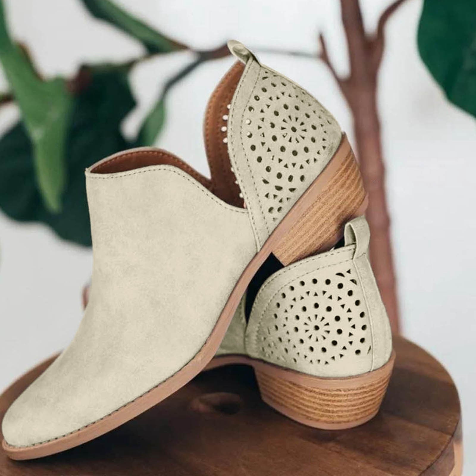 Dakaela Ankle Boots for Women Casual Slip on Loafers Chunky Low Heel Dress Shoes Cut out Work Booties
