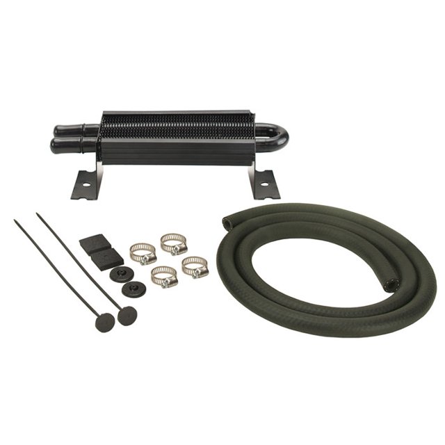 Derale Fluid Cooler 13210 For Power Steering Fluid; 2 Passes; Hose Barb Connection; 11/32 Inch Inlet; 11/32 Inch Outlet; With Hose/Hose Clamps/Mounting Rods/Mounting Clips/Foam Pads