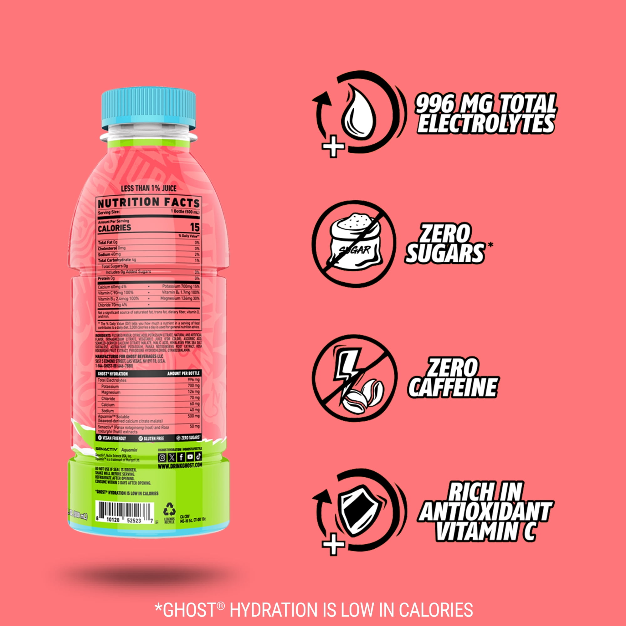 GHOST® HYDRATION Zero Sugars Sports Drink, Kiwi Strawberry, 16.9 fl oz