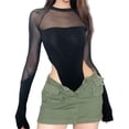 thumbnail image 1 of Body de manga larga con costuras de malla y cuello redondo ajustado de una pieza para mujer para moldear el cuerpo Negro L, 1 of 8