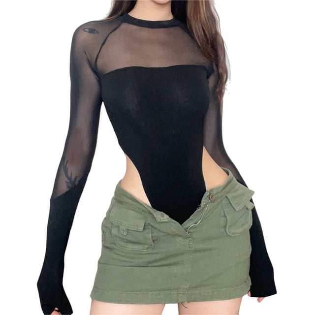 Body de manga larga con costuras de malla y cuello redondo ajustado de una pieza para mujer para moldear el cuerpo Negro L