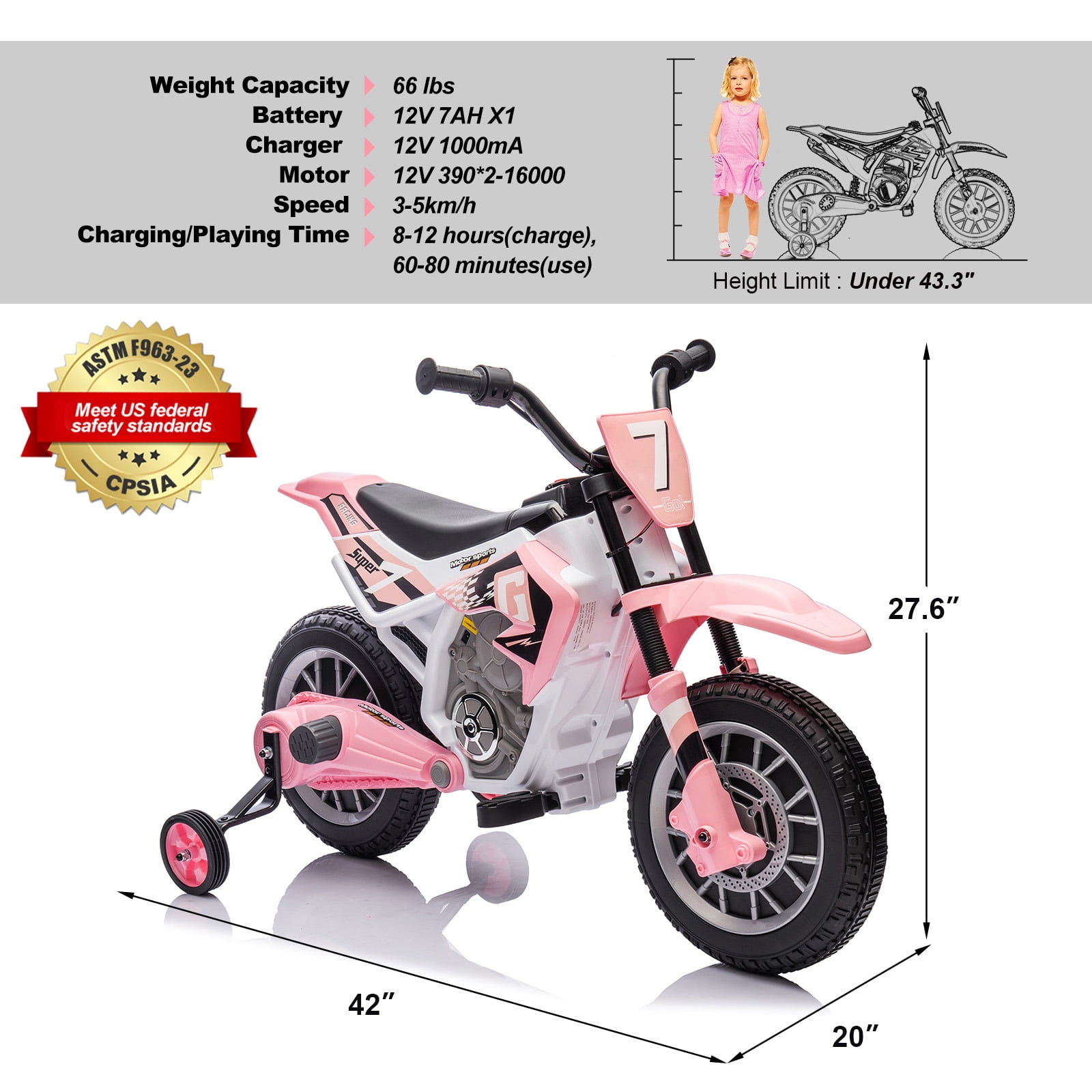 Pink 12V Kids Ride On Motorcycle Dirt Bikes with Training Wheels, Spring Suspension
