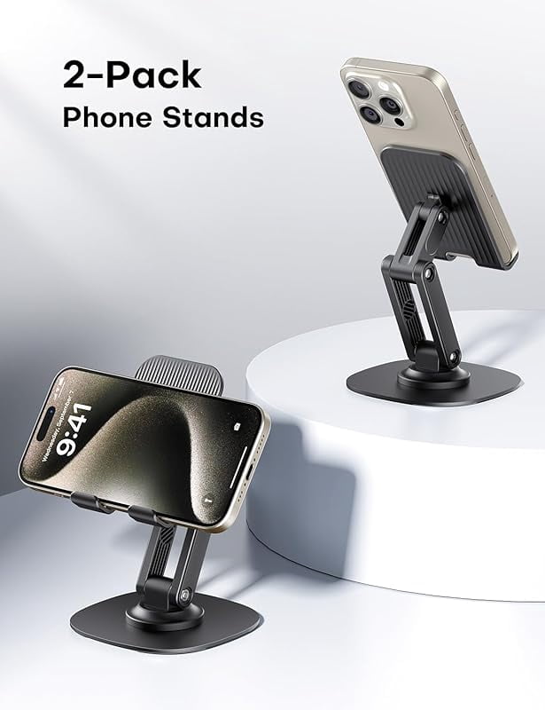 Cell Phone Stand for Desk, 2 Pack Adjustable Foldable Phone Holder, 360 Swivel Mobile Stand Fit for iPhone 16 15 14 13 12 Pro Max and All Smart Phones, Black & White