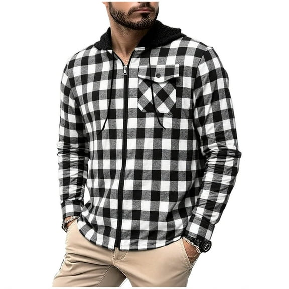 KeShDi Mens Flannel Jacket Flannel Shirt for Men's Fashion Hooded Long Sleeve Full Zipper Button Pocket Plaid Shirt Top White L