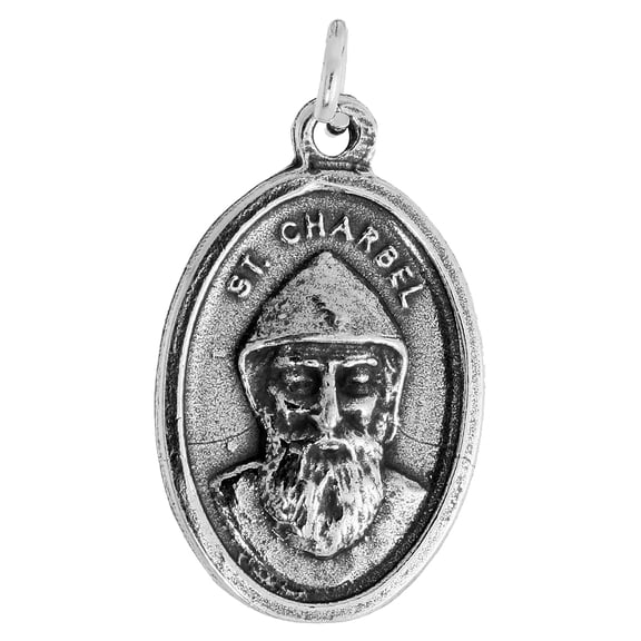 Sterling Silver St Charbel Medal Pendant Oxidized finish Oval 7/8 inch