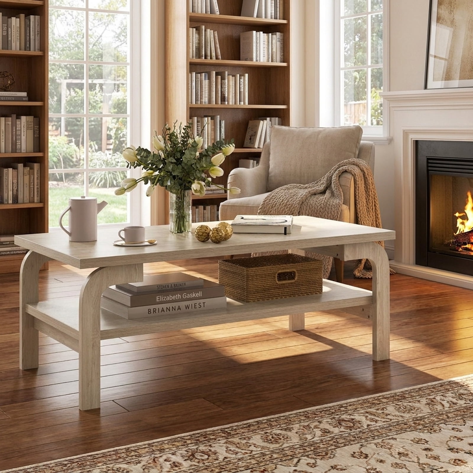 Furnibear 47 Inches Accent Rectangular Coffee Table for Living Room - Oak - Living Room Cocktail Center Table