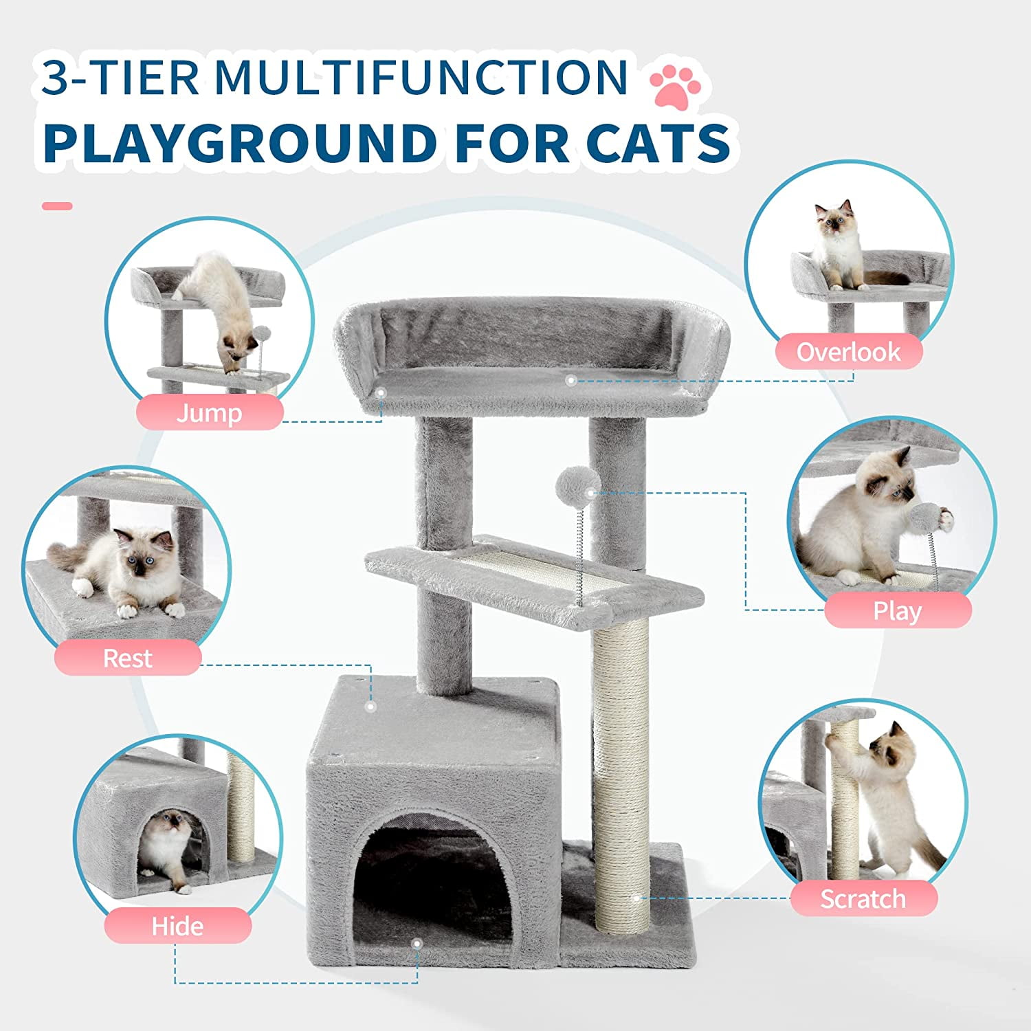Made4Pets 3-Level Cat Tree with 2-Door Condo, Scratching Posts, Toy Ball, and Top Bed, Gray