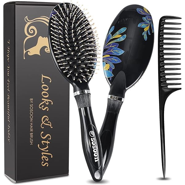 wonima11 Hair Brush, Boar Bristle Hair Brushes for Women Men Kids Thick Curly Dry Wet Hair, Smoothing Detangling Hairbrush Adds Shine and Improves Hair Texture with Hair Comb (Black)