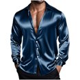 thumbnail image 5 of RYDCOT Men's Casual Retro Satin Long Sleeve Shirts Trendy Fall Lapel Solid Color T Shirt Basic Lightweight Tops Navy, 5 of 9