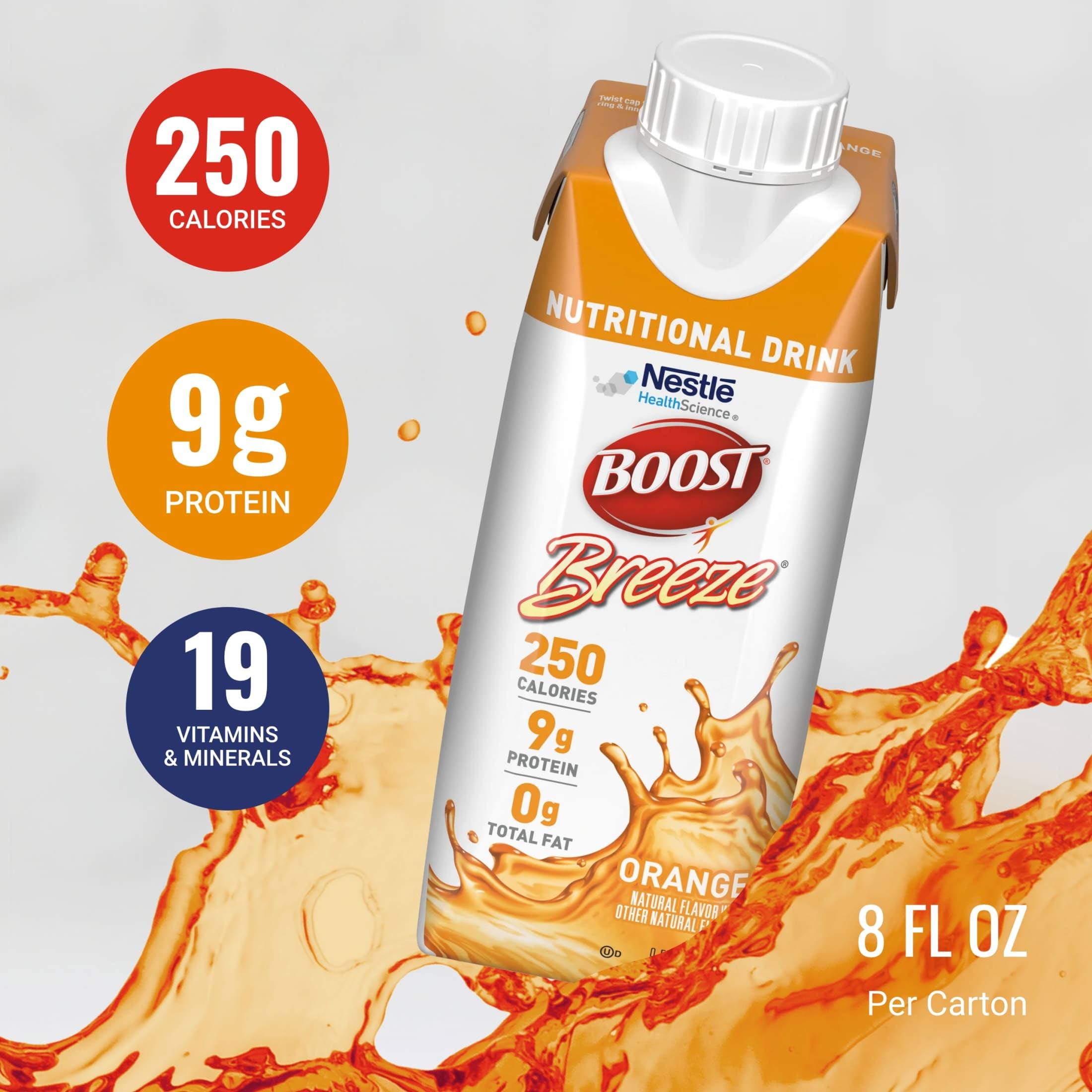 BOOST Breeze Clear Nutritional Drink, 9g Protein, 250 Nutrient-Rich Calories, Orange, 8 fl oz (Pack of 24)