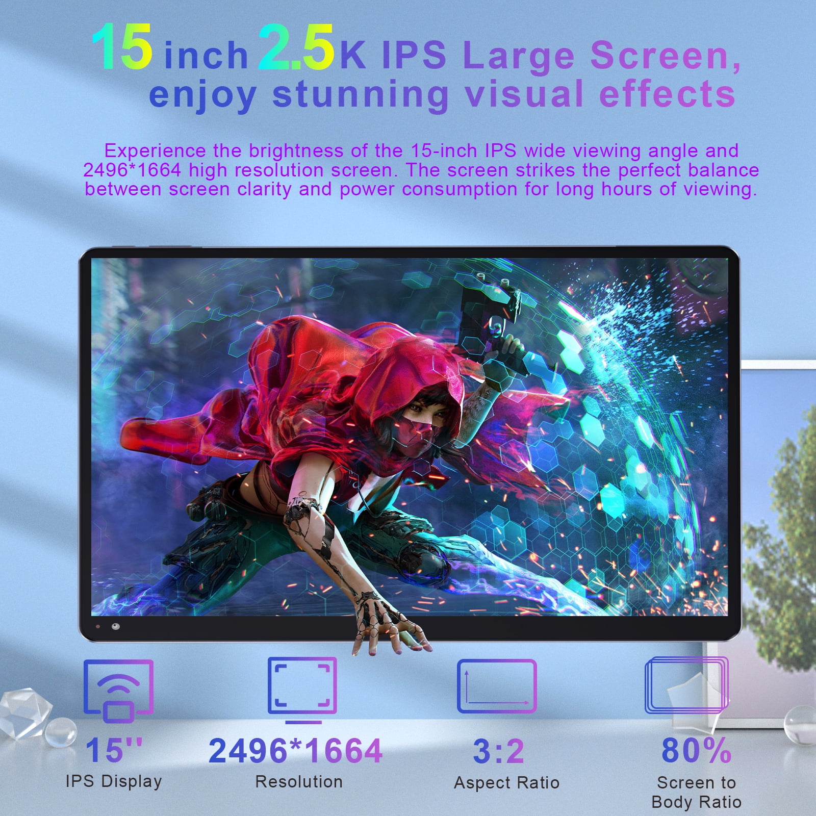 Golzer 15 inch 2.5K Display Tablet with Foldable Stand, Android 14 Tablets, 8GB RAM 256GB ROM, Quad-Core Processor up to 2.2 GHz , 5MP+13MP Camera, 10000mAh, 2.4G/5G WiFi, BT5.0
