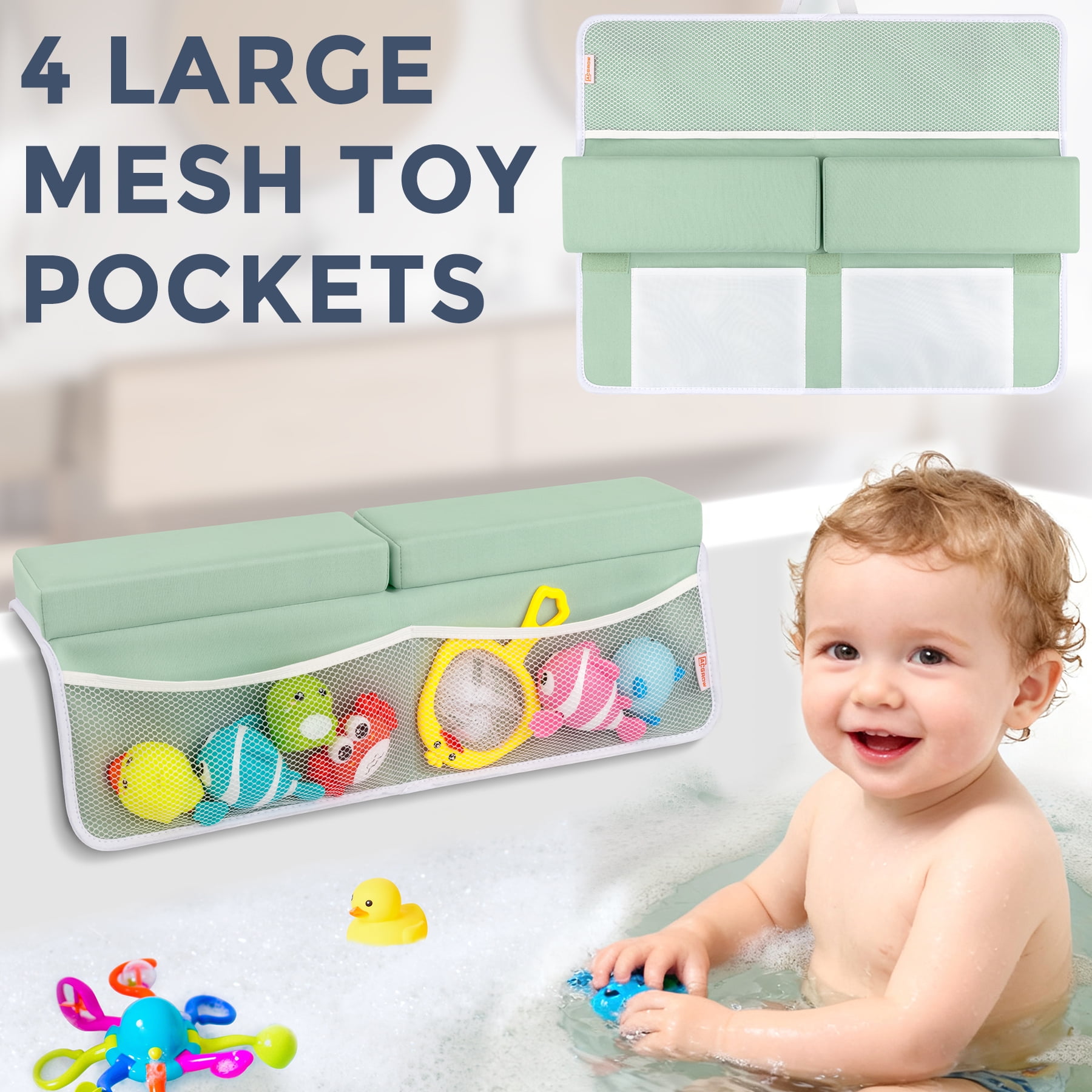 ACGROW Bath Kneeler and Elbow Rest Pad Set - 1.5" Thick Baby Bath Kneeler Pads with Toys Organizer, Anti-Slip Cozy Knee & Arm Support Bathtub Mat, Quick Dry Kneeling Pad for Baby Bath Time Green