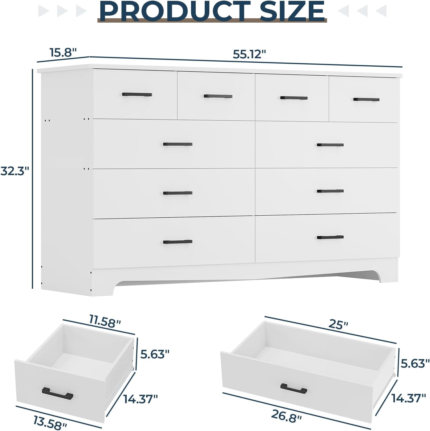 White Dresser for Bedroom 10 Drawers Dresser & Chest of Drawers with Power Outlets, Modern Wood Storage Cabinets & TV Stand for Living Room Hallway