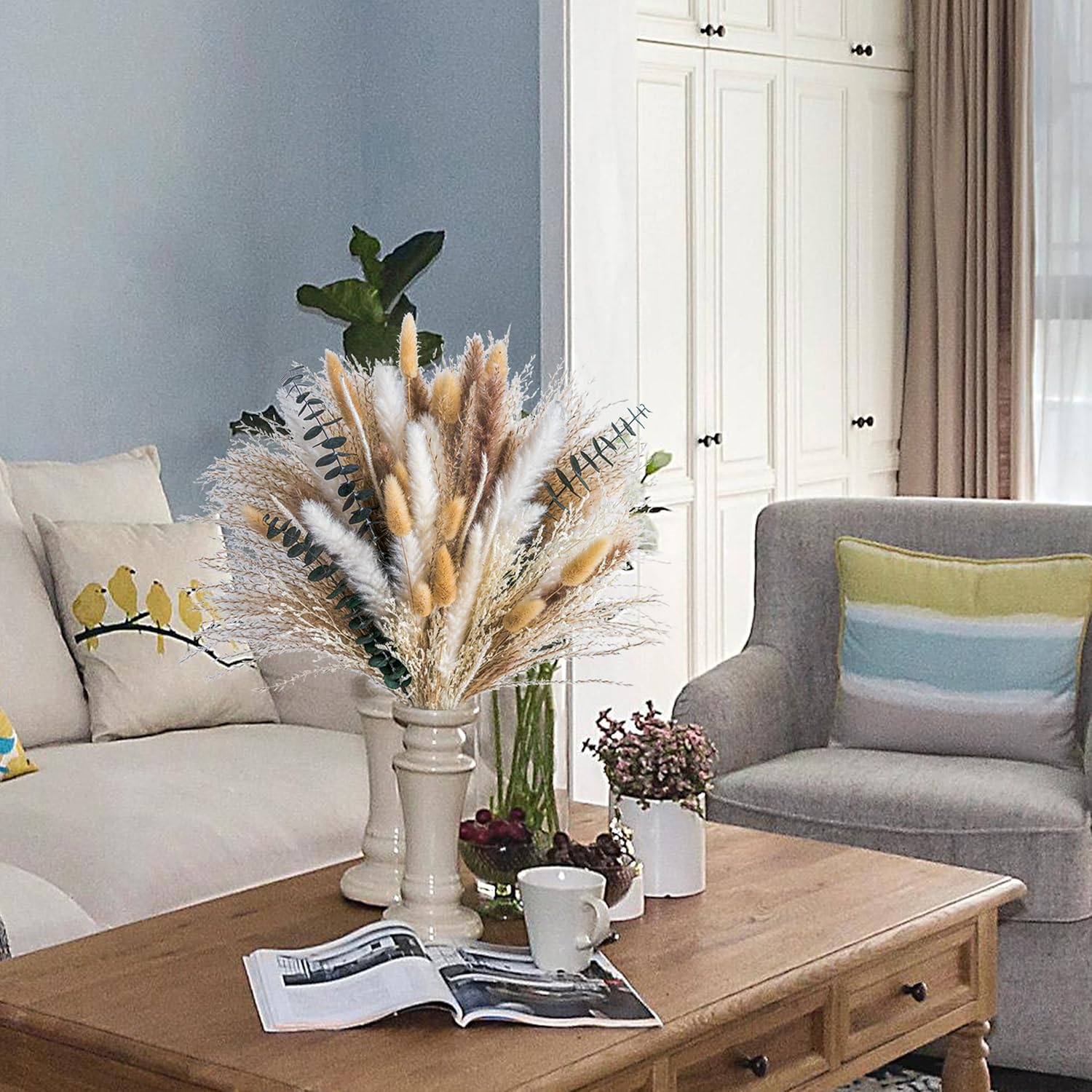Boho Decor Bouquet Eucalyptus Pampas Grass Decor Dried Pampas Home Decor Dried Flowers Bouquet for Wedding Floral Arrangements Table,Home,Rustic,Farmhouse Decor(White&Green)
